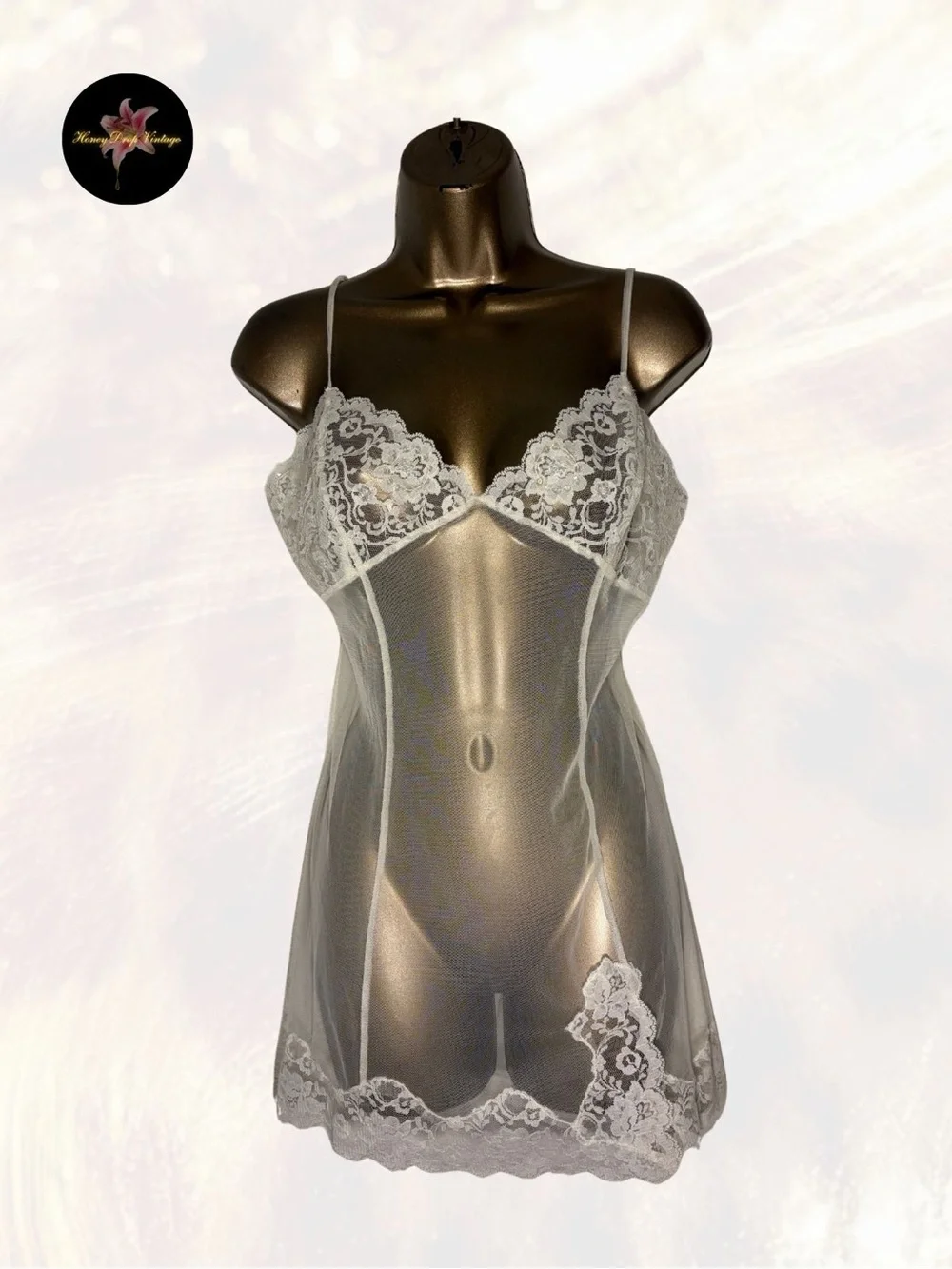 Victoria’s Secret Sheer Lace Babydoll Chemise Ivory Mesh Lingerie Y2K
